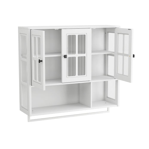 Bathroom Wall Cabinet, 3-Door Wooden Wall Cabinet with Open and Hidden Storage Space, Medicine Cabinet with Glass Door and Towel Bar for Entryway Living Room Bathroom Dining Room,White