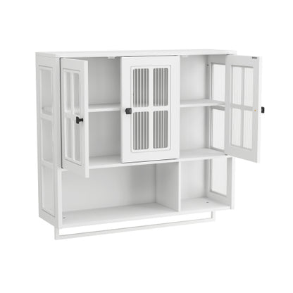 Bathroom Wall Cabinet, 3-Door Wooden Wall Cabinet with Open and Hidden Storage Space, Medicine Cabinet with Glass Door and Towel Bar for Entryway Living Room Bathroom Dining Room,White