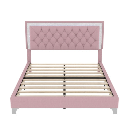 Queen Size Upholstered Bed Frame with LED Lights,Modern Velvet Platform Bed with Tufted Headboard,Pink