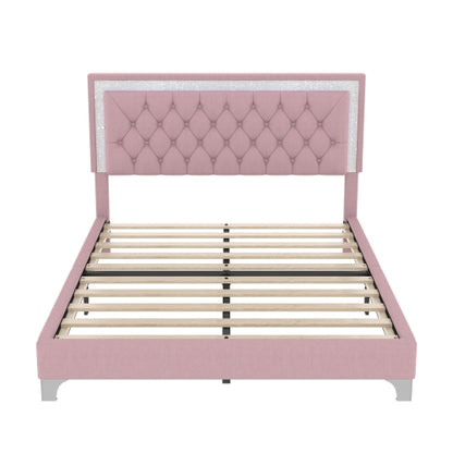Queen Size Upholstered Bed Frame with LED Lights,Modern Velvet Platform Bed with Tufted Headboard,Pink