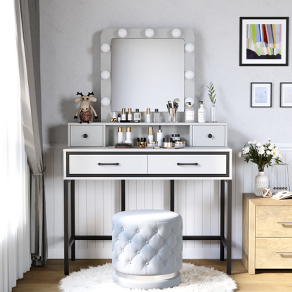 Brown Vanity Desk with Hollywood Mirror & Lights, 3 Color Dimmable 10 Brightness Levels, 4 Drawers, Large Dressing Table, White