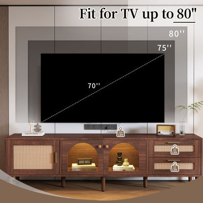 70.8 inch Dark Brown App Control LED Rattan TV Stand Glass Storage For 80 Inch TV