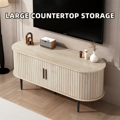 47 Inch Modern TV Stand with Sliding Door Storage Cabinet Natural Wood