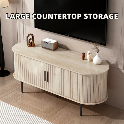 47 Inch Modern TV Stand with Sliding Door Storage Cabinet Natural Wood