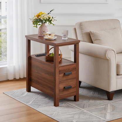 End Table with Charging Station,Side Tables with USB Ports & Outlets,Side Table with 2 Drawers, Small Wood Bedside Table, Small Rustic Side Table, Modern End Table with Drawer