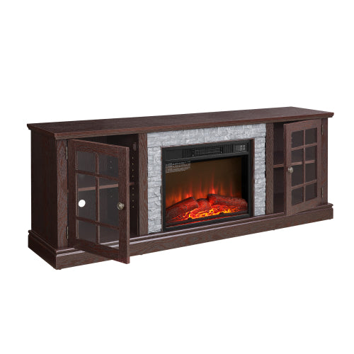 70 Inch TV Stand with Electric Fireplace Cherry Faux Stone Media Console