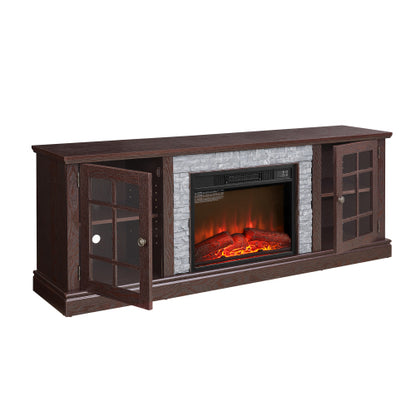 70 Inch TV Stand with Electric Fireplace Cherry Faux Stone Media Console