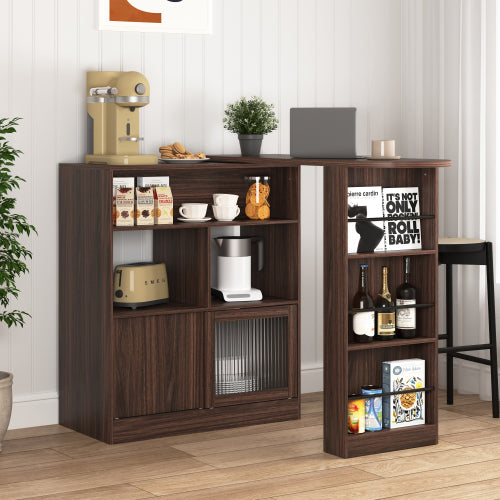 Modern Bar Cabinet with Rotating top, Counter Height Dining Cabinet with 6 Storage space and 2 Ribbed Glass Door for Kitchen, The Rotating Top with 3 Storage Shelves Dining Room, Living Room, Walnut