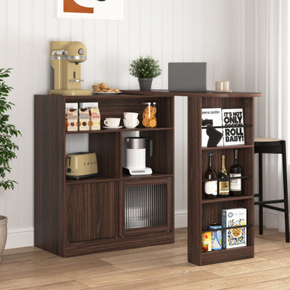 Modern Bar Cabinet with Rotating top, Counter Height Dining Cabinet with 6 Storage space and 2 Ribbed Glass Door for Kitchen, The Rotating Top with 3 Storage Shelves Dining Room, Living Room, Walnut