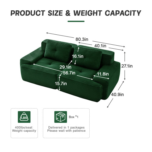 82 inch  Green Corduroy L-Shape Modular Sectional Sofa, No Assembly Required