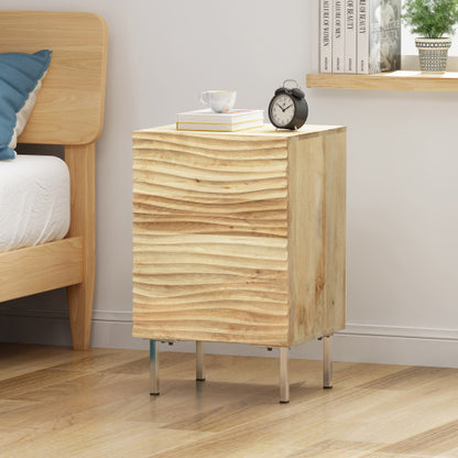 Modern Mango Wood Nightstand with Cabinet Door, 1 Shelf Bedside Table, Handmade Accent Side Table with Iron Legs