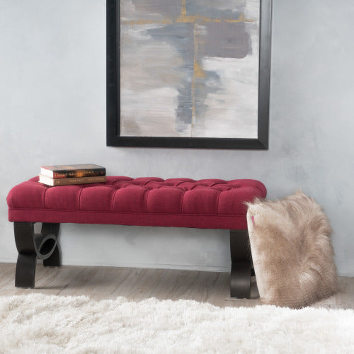 Red Tufted Ottoman Bench with Diamond Stitching and Half Circle Legs