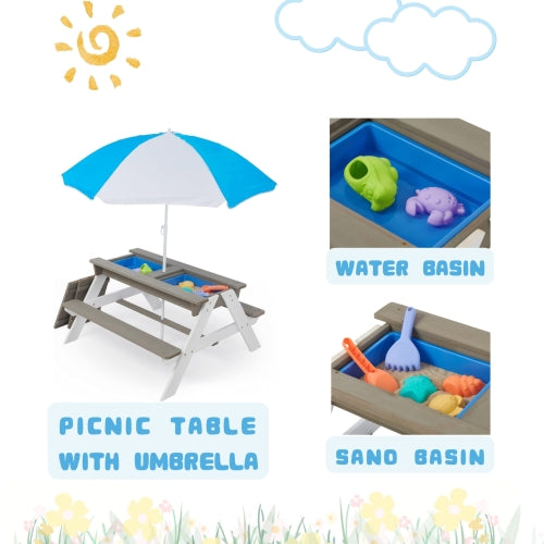 Wooden Kids Picnic Table, Sand and Water Table with Umbrella, Activity Table for Outdoor Backyard Patio Play