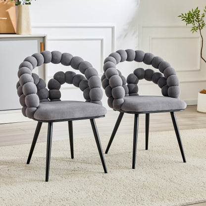 2 Pack Grey Bubble Pebble Tufted Dining Chairs, Velvet Accent Chairs with Matte Black Metal Legs