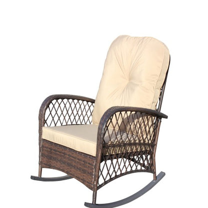 Outdoor Wicker Rocking Chair with Wide Seat, Thick, Soft Cushion, Rattan Rocker w/Steel Frame, High Weight Capacity for Patio, Garden, Backyard, Shallow brown Cushion