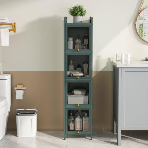 Dark Green Modern 5-Tier Storage Cabinet Iron Frame Fluted Glass Door Sideboard For Entryway Bathroom