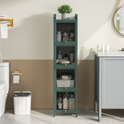 Dark Green Modern 5-Tier Storage Cabinet Iron Frame Fluted Glass Door Sideboard For Entryway Bathroom