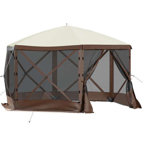 Camping Gazebo Tent, 10'x10', 6 Sided Pop-up Canopy Screen Tent for 8 Person Camping, Waterproof Screen Shelter w/Portable Storage Bag, Ground Stakes, Mesh Windows, Brown & Beige