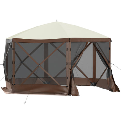 Camping Gazebo Tent, 10'x10', 6 Sided Pop-up Canopy Screen Tent for 8 Person Camping, Waterproof Screen Shelter w/Portable Storage Bag, Ground Stakes, Mesh Windows, Brown & Beige