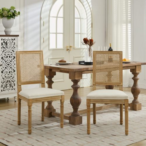 Set of 2 Beige French Louis Square Rattan Back Carved Solid Wood Dining Chairs, Antique Finish 300 LBS Weight Limit