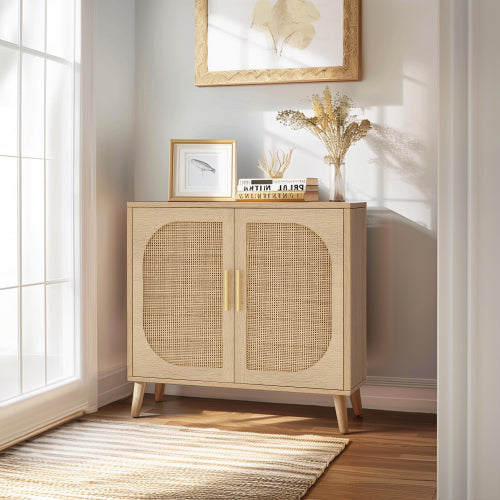 Farmhouse Buffet Cabinet with Rattan Doors Solid Wood Feet 4 Compartment Storage Cabinet