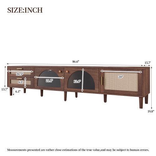 86.6 inch Dark Brown App Controlled LED Rattan TV Stand Glass Cabinets Fits Up To 90 inch TV
