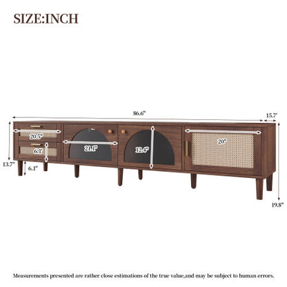 86.6 inch Dark Brown App Controlled LED Rattan TV Stand Glass Cabinets Fits Up To 90 inch TV