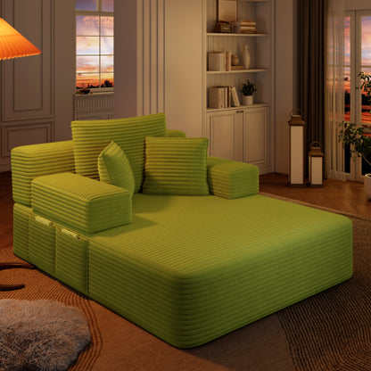 Green Oversized Plush Corduroy Chaise Lounge Convertible Sleeper Sofa-Bed w/Storage Pockets & 3 Pillows