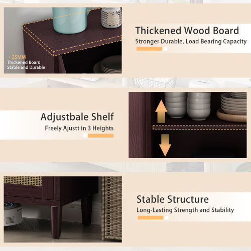 70 Inch Brown Rattan Four-Door Sideboard MDF Solid Wood Leg Adjustable Shelf Easy Assembly Home Storage Cabinet