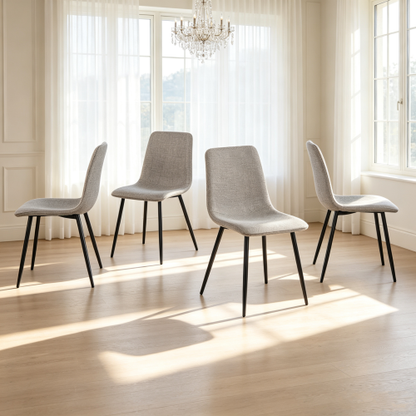 Set of 4 Grey Linen Upholstered Dining Chairs, High Back Side Chairs with Sturdy Black Metal Legs for Dining Room & Kitchen