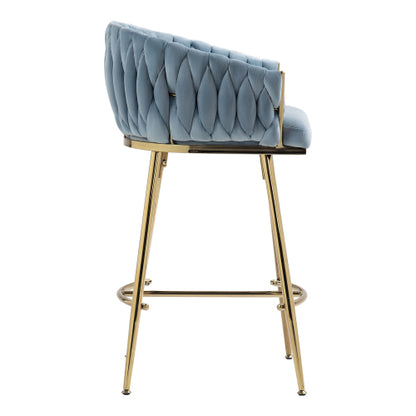 26inch  Counter height bar stools Set of 2 kitchen island counter bar stool with hand- wave back, golden chromed base and footrest(BLUE)