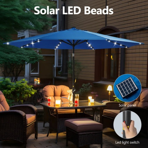 11 Feet Blue Solar LED Patio Umbrella with Crank Lift , Tilt * 8 Ribs, UV-Resistant Canopy for Pool, Backyard & Patio (Without base)