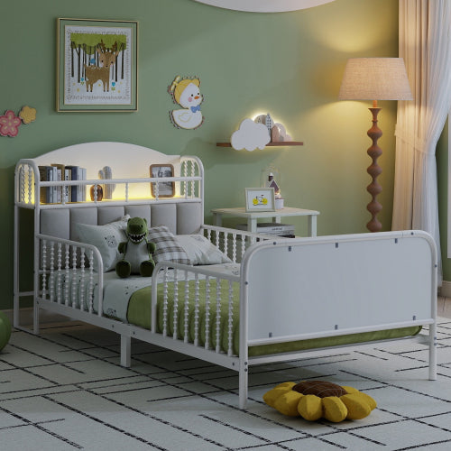 Twin Size Metal Platform Bed Frame with Light, Kids Twin Metal Bed with Upholstered and Storage Headboard, White