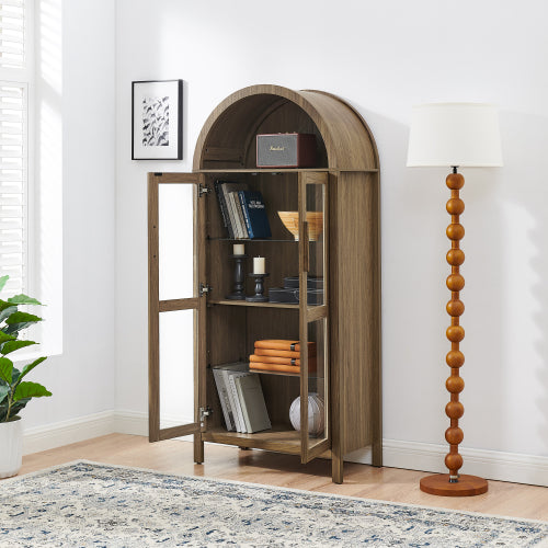 Brown High Arched LED Light Wooden Storage Cabinet Adjustable Glass Partition Modern Retro Home Multi-Functional Display Cabinet