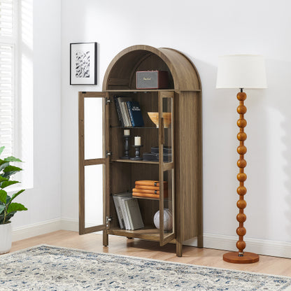 Brown High Arched LED Light Wooden Storage Cabinet Adjustable Glass Partition Modern Retro Home Multi-Functional Display Cabinet