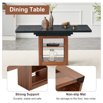 Expandable MDF Dining Table with Storage, Black Tabletop