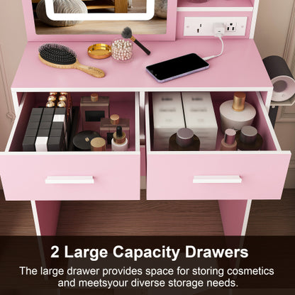 Pink Small LED Vanity Desk, Built in USB?AC Outlet, Hair Dryer Stand, Hidden Storage & Padded Stool