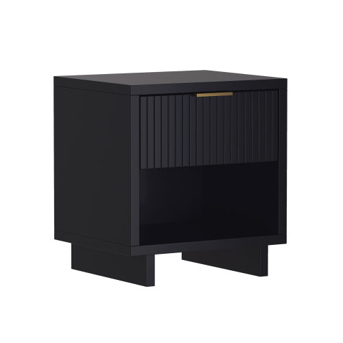 Black Modern Nightstand with Fluted Drawer & Open Shelf
