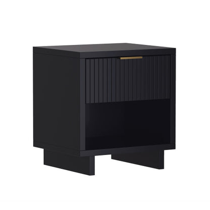 Black Modern Nightstand with Fluted Drawer & Open Shelf