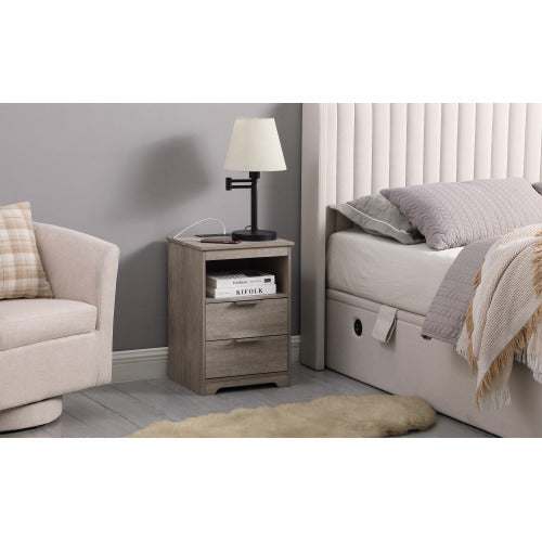 Gray Nightstand with Charging Station, 2 Drawers & Open Shelf Wooden Modern End Table