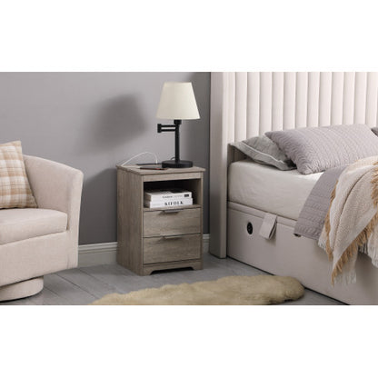 Gray Nightstand with Charging Station, 2 Drawers & Open Shelf Wooden Modern End Table