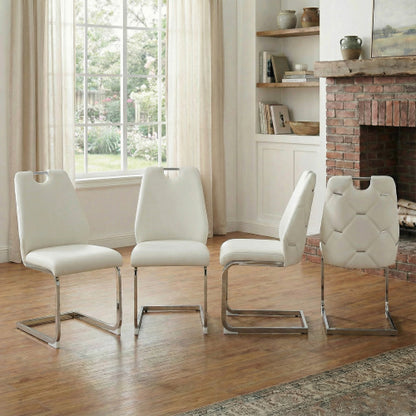 Dining Chairs Set of 4, White Faux Leather Chairs, Gold Mesh Texture & Chrome Pull Handle