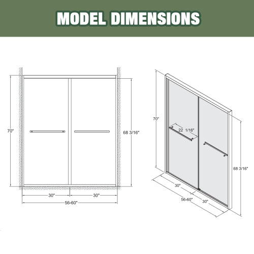 56-60"x70" Aluminum Frame Double Sliding Shower Door,Bypass Bathroom Sliding Door with Premium 5/16" (8mm) Clear Tempered Glass, Chrome Hardware Sliding Glass Shower Enclosure,Chrome Finished