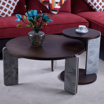 2-Piece Nesting Coffee Table Set, Walnut Veneer MDF Top with Sintered Stone Legs & Base