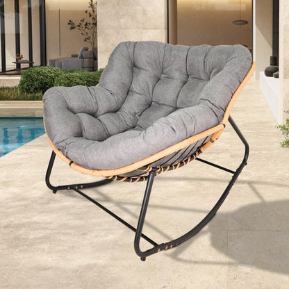 Larger Outdoor Rocking Chair, Patio Egg Rocking Chair, Indoor Papasan Chair, Rattan Wicker Lounge Chair, Modern Royal Chair for Bedroom, Living Room, Porch, Garden,Lawn-Dark Grey