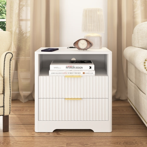 Smart Wooden Nightstand, Voice Control Night Light & Multi-Port Charging Station