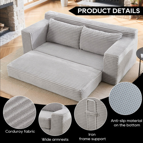 Grey Memory-Foam Compressed Corduroy Convertible Loveseat, No Assembly