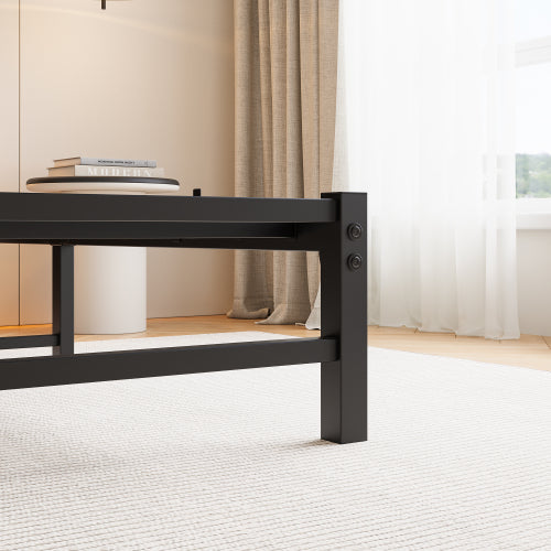 Full Size Metal Bed Frame with Wooden Headboard, RGB Lights, Outlets & Charger, Storage Shelf, Noise-Free, No Box Spring Needed