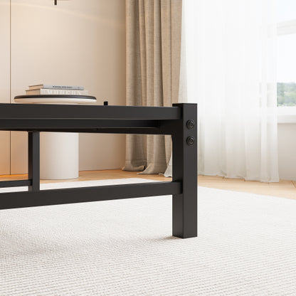 Full Size Metal Bed Frame with Wooden Headboard, RGB Lights, Outlets & Charger, Storage Shelf, Noise-Free, No Box Spring Needed