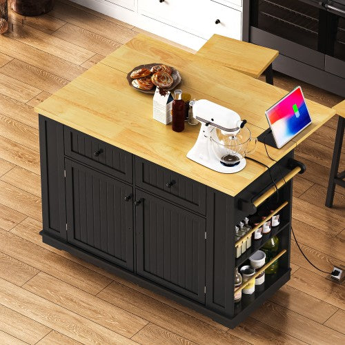 48inch Kitchen Island with 2 Bar Stools, Power Outlet, Internal Storage Rack, Kitchen Storage Cart on 5 Wheels with Drop Leaf, 5 Open Side Racks, Drawers, Black (Old SKU N707S000015B)(Three Packages)